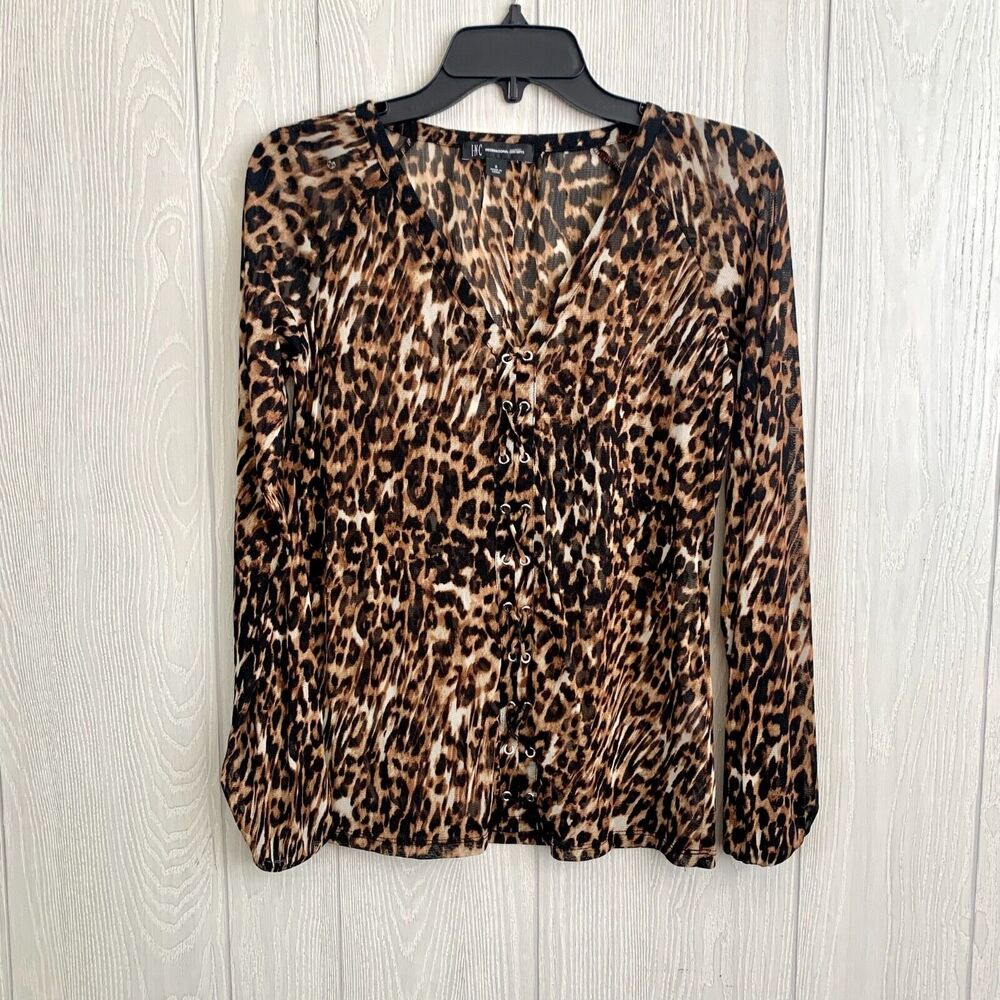 I.N.C Animal Print Sheer V-Neck Long Sleeve Top Size S